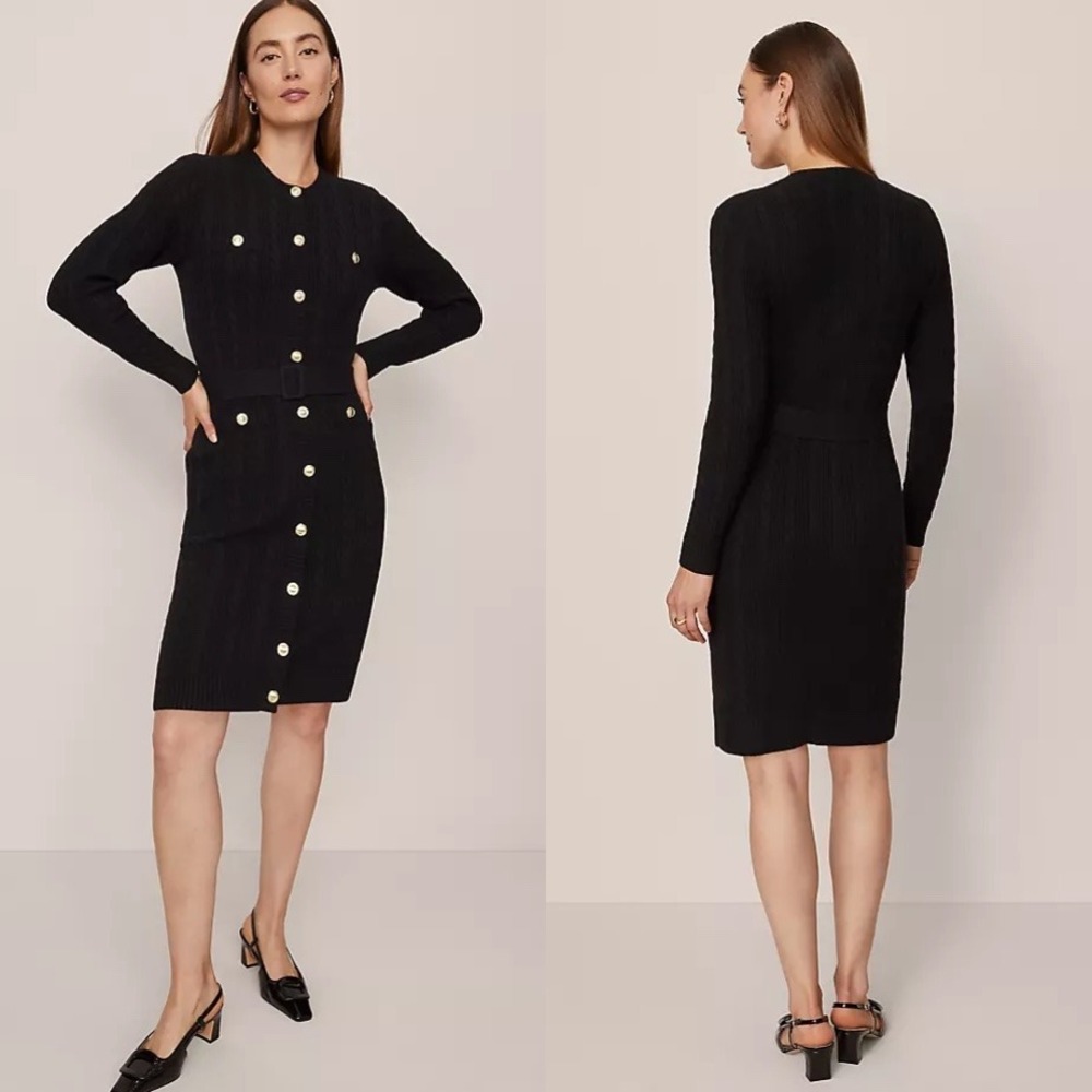 Ann Taylor Cable Knit Cardigan Dress Women SP Black NWT Gold Button Belted‎ Mini